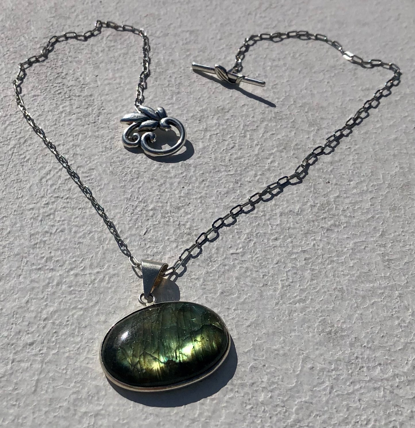 Green Flashy Labradorite Pendant on Silver Paperclip Chain