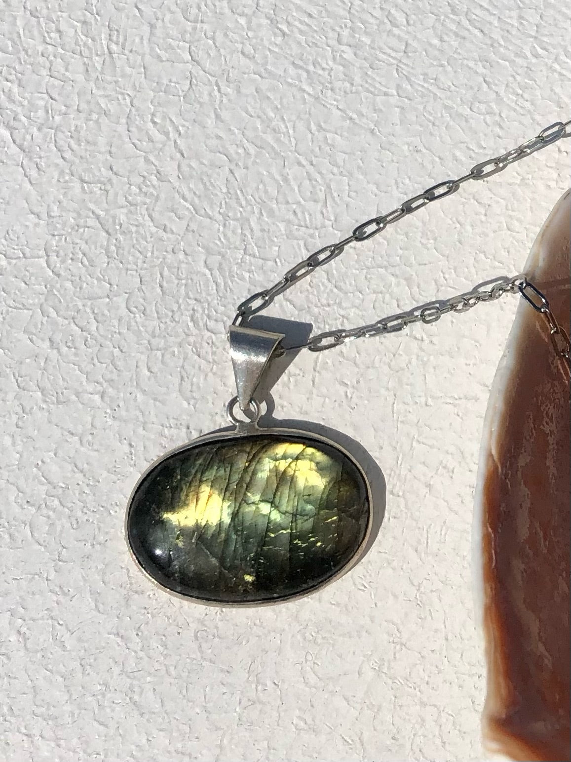 Green Flashy Labradorite Pendant on Silver Paperclip Chain