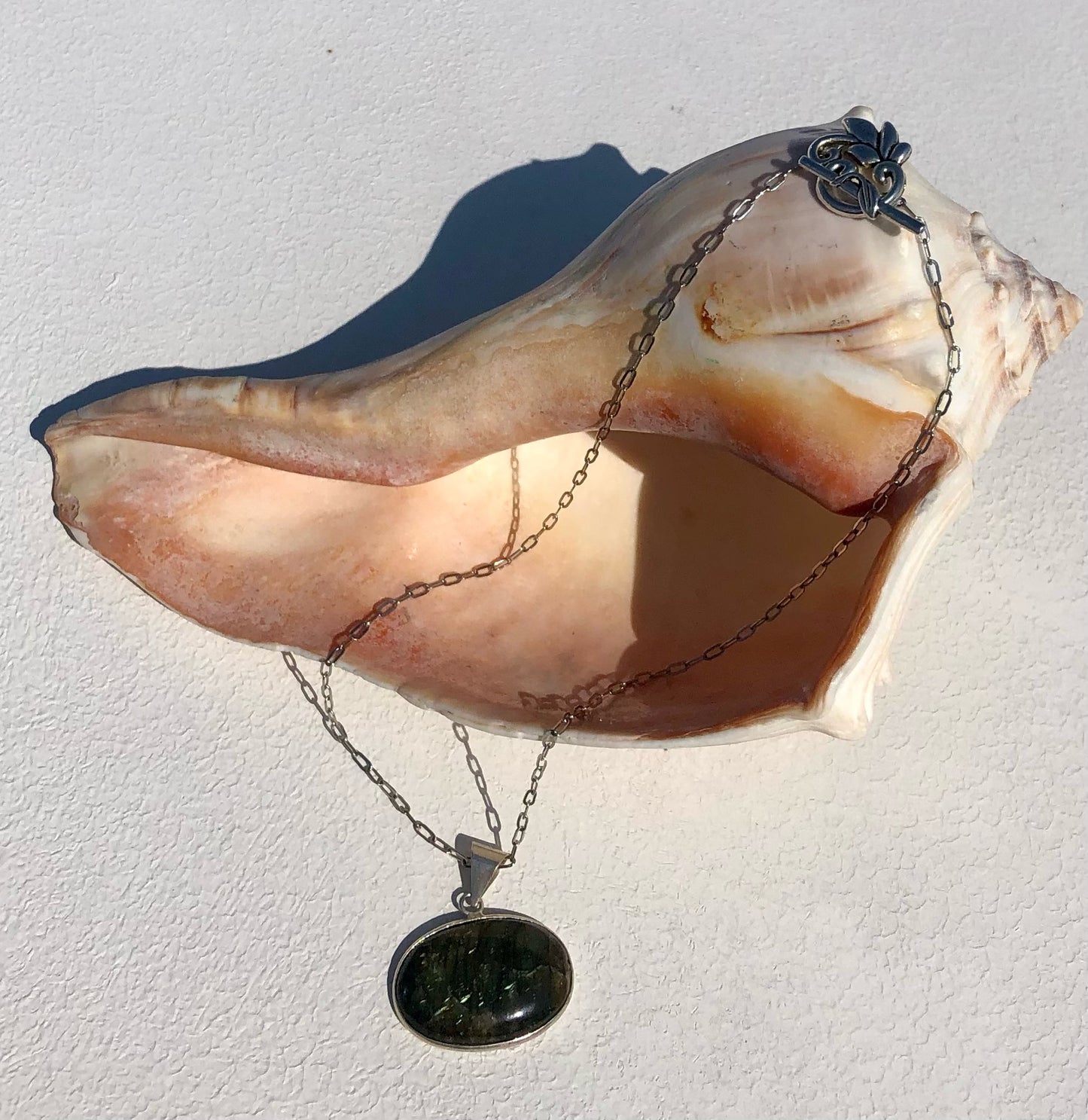 Green Flashy Labradorite Pendant on Silver Paperclip Chain
