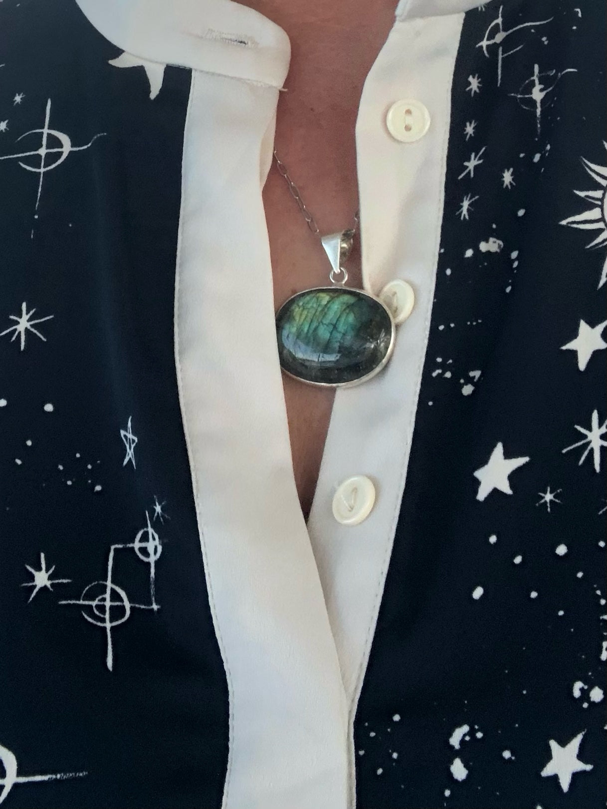 Green Flashy Labradorite Pendant on Silver Paperclip Chain