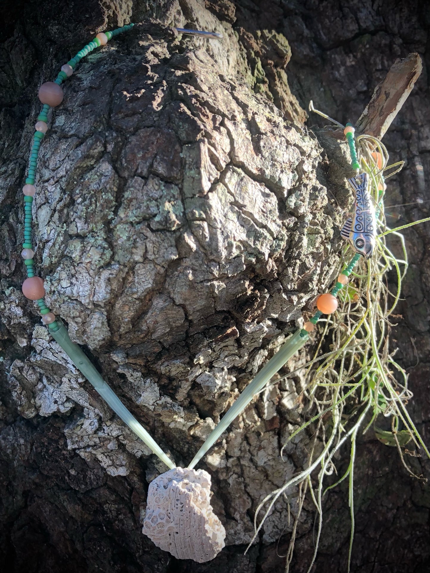 White Coral, Green Dentalium Tusk Shells, Peach Sunstone, & Green Glass Seed Beads
