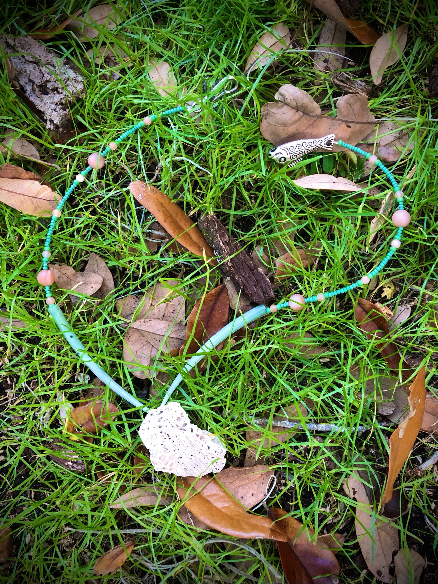 White Coral, Green Dentalium Tusk Shells, Peach Sunstone, & Green Glass Seed Beads