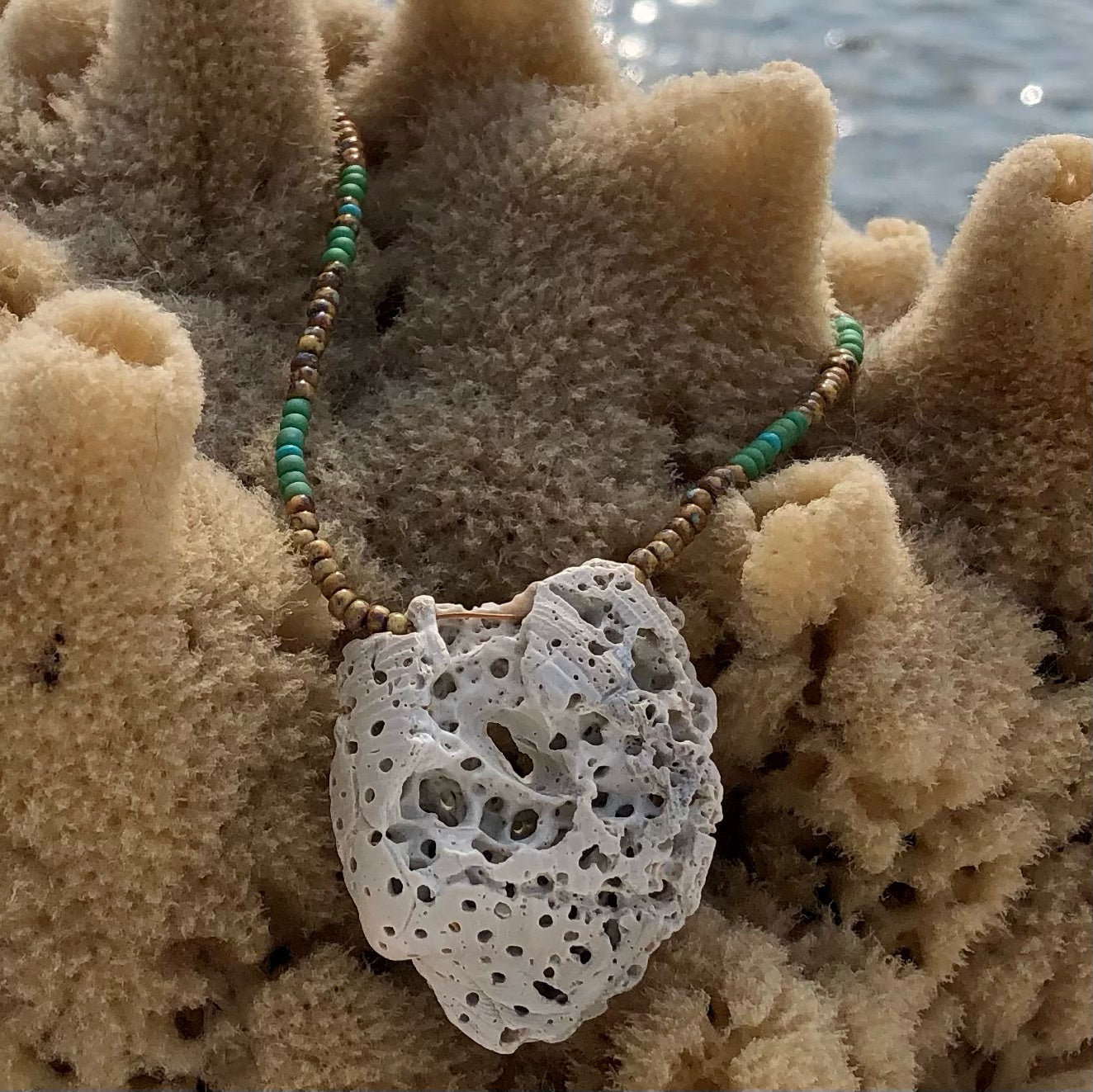 White Coral w/ Sand, Green, & Turquoise Glass Seed Beads