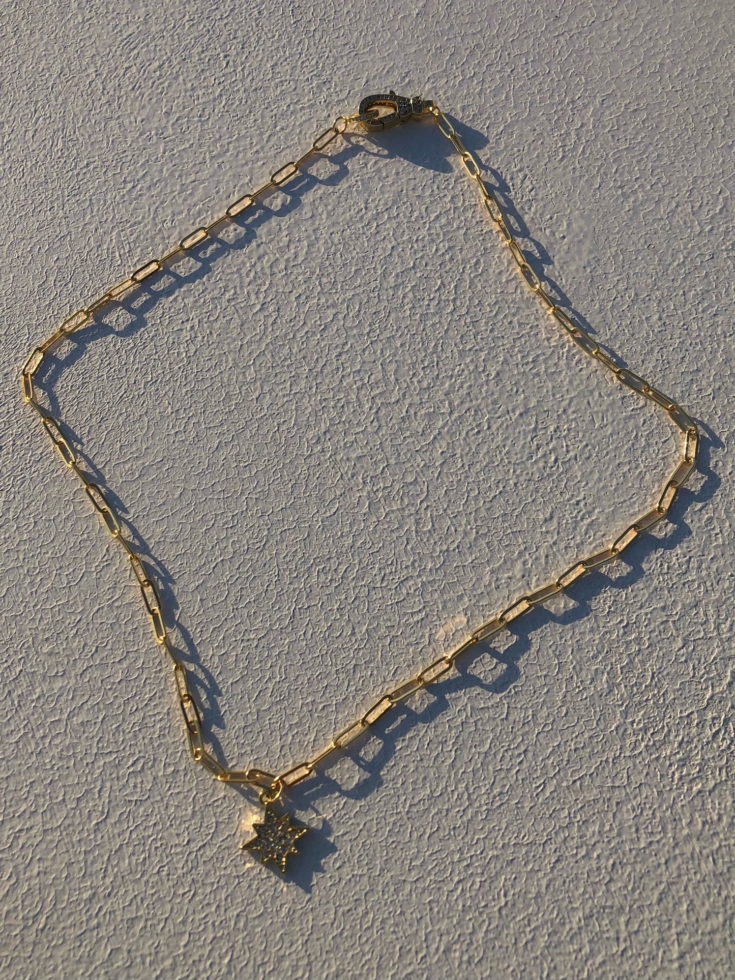 24kt Gold Paperclip Chain, Clear Crystal Morningstar Pendant, Celestial Lobster Claw Clasp