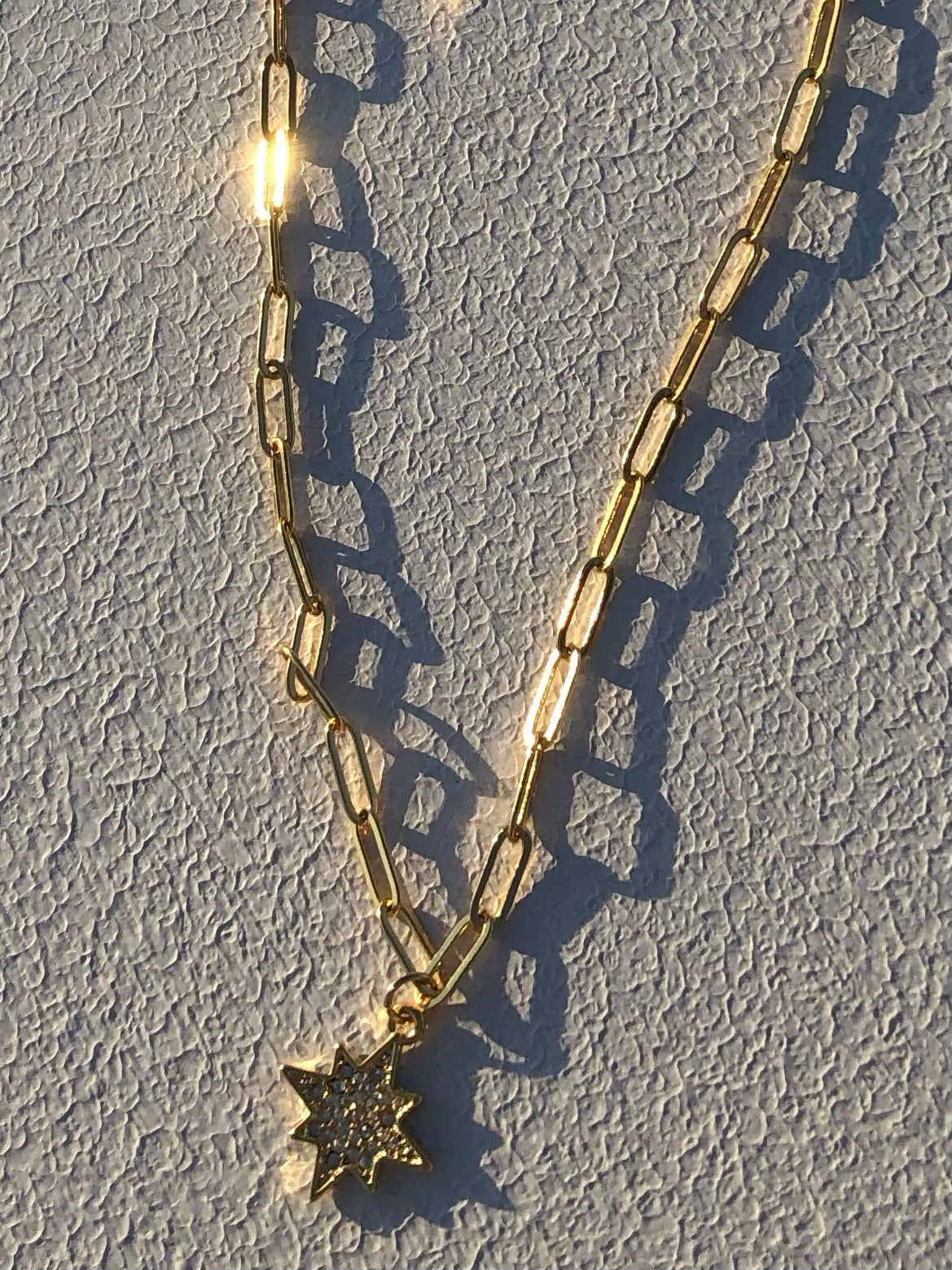 24kt Gold Paperclip Chain, Clear Crystal Morningstar Pendant, Celestial Lobster Claw Clasp