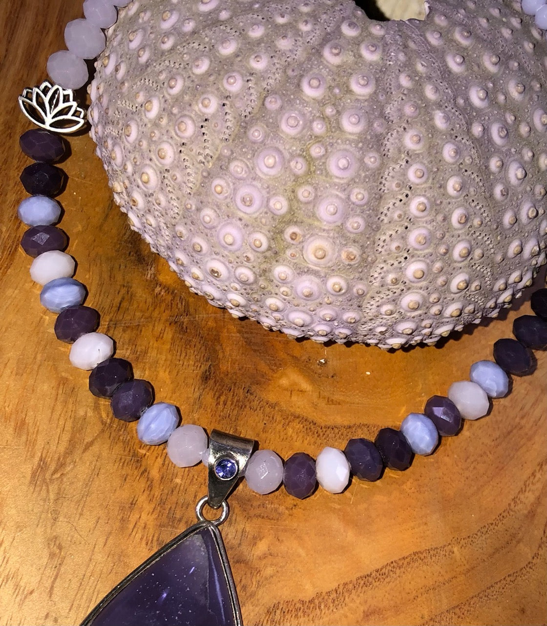 Deep purple chalcedony & iolite pendant/necklace set in sterling silver with purple glass beads.