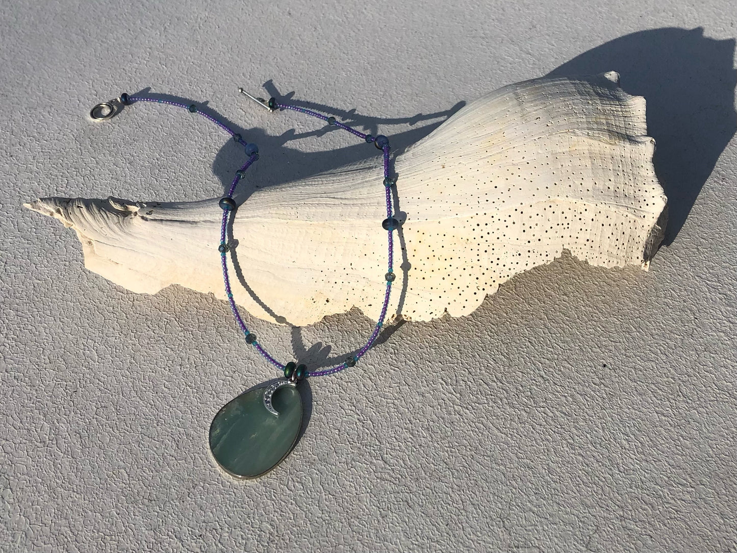 Amazonite Pendant, Clear Crystal New Moon Charm, & Sparkly Glass Seed Beads