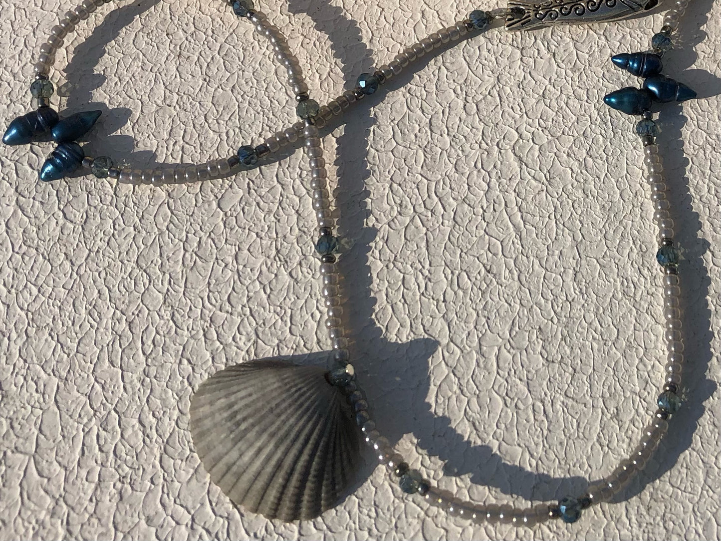 Seashell w/ Blue Freshwater Pearls & Blue Austrian Crystals