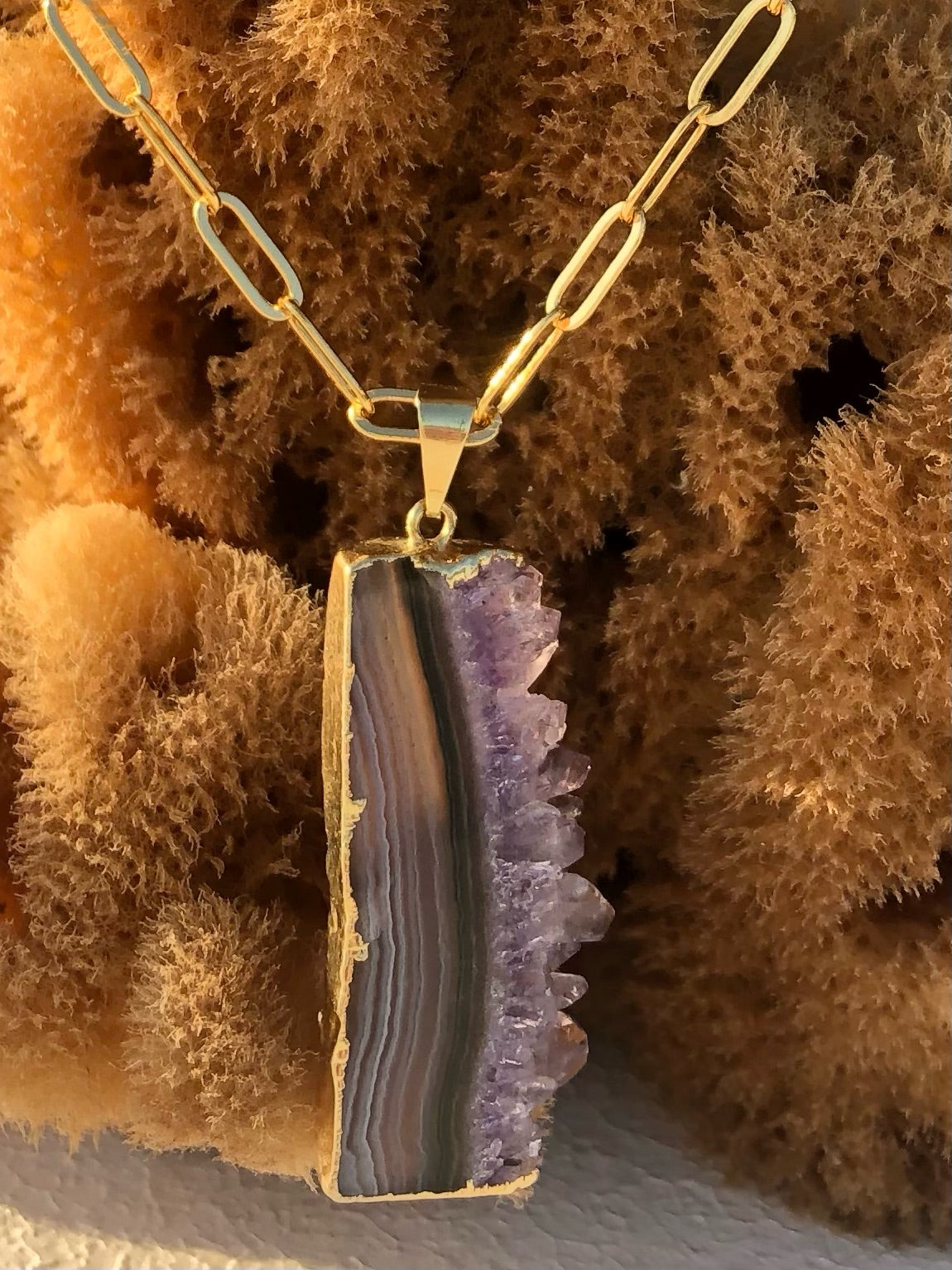 Raw Amethyst Slice Pendant on 24kt Gold Paperclip Chain