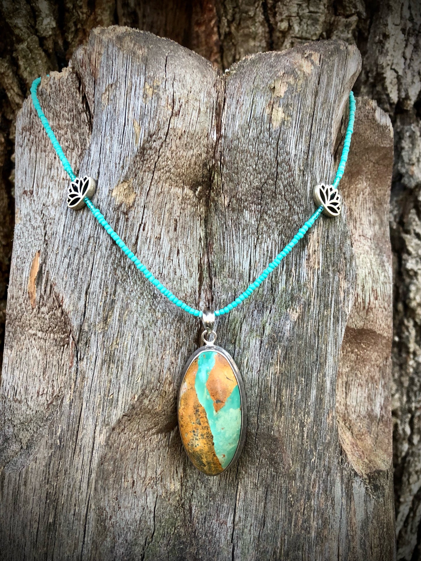 Royston Turquoise Pendant Strung w/ Turquoise Glass Seed Beads