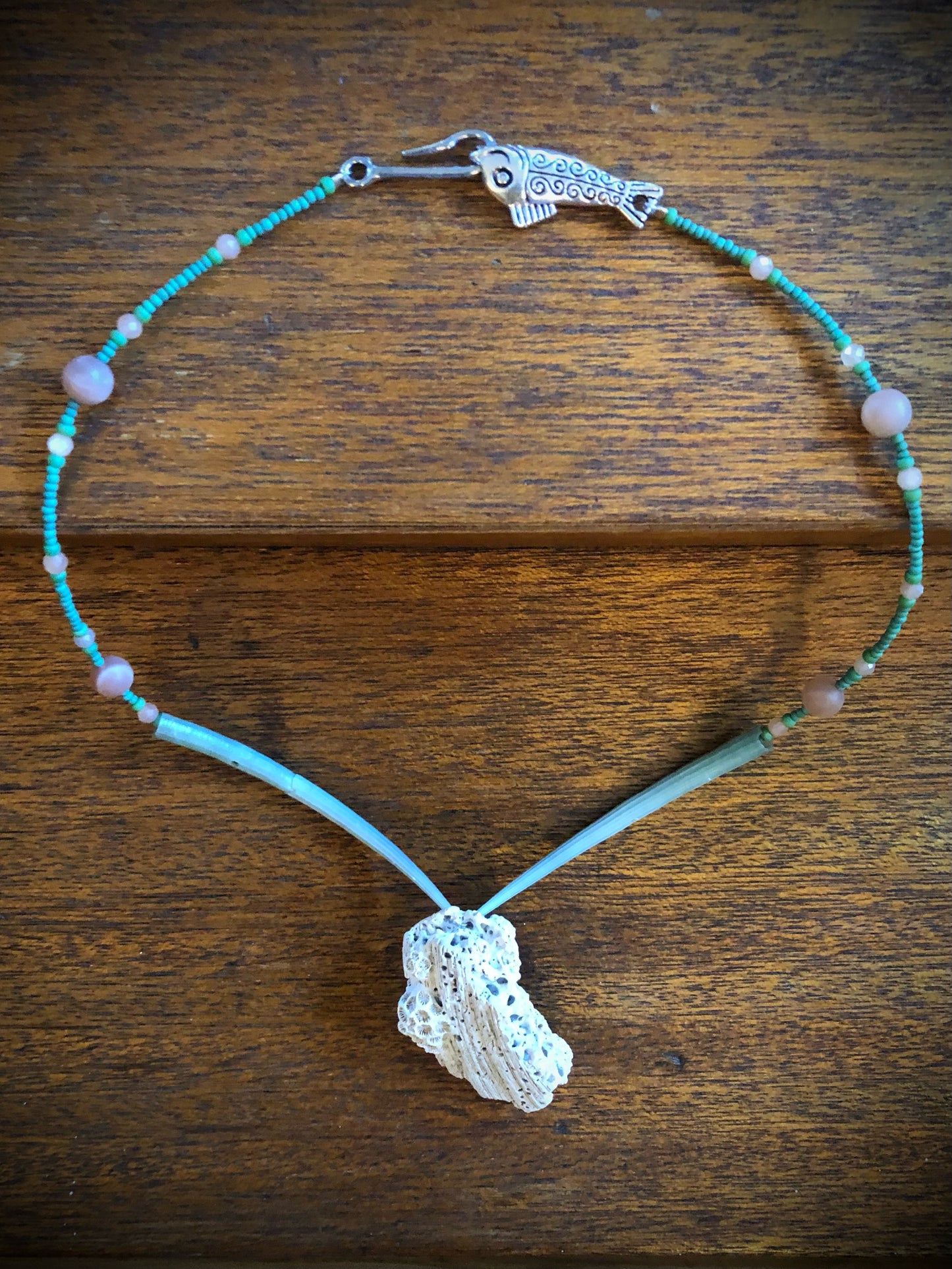 White Coral, Green Dentalium Tusk Shells, Peach Sunstone, & Green Glass Seed Beads