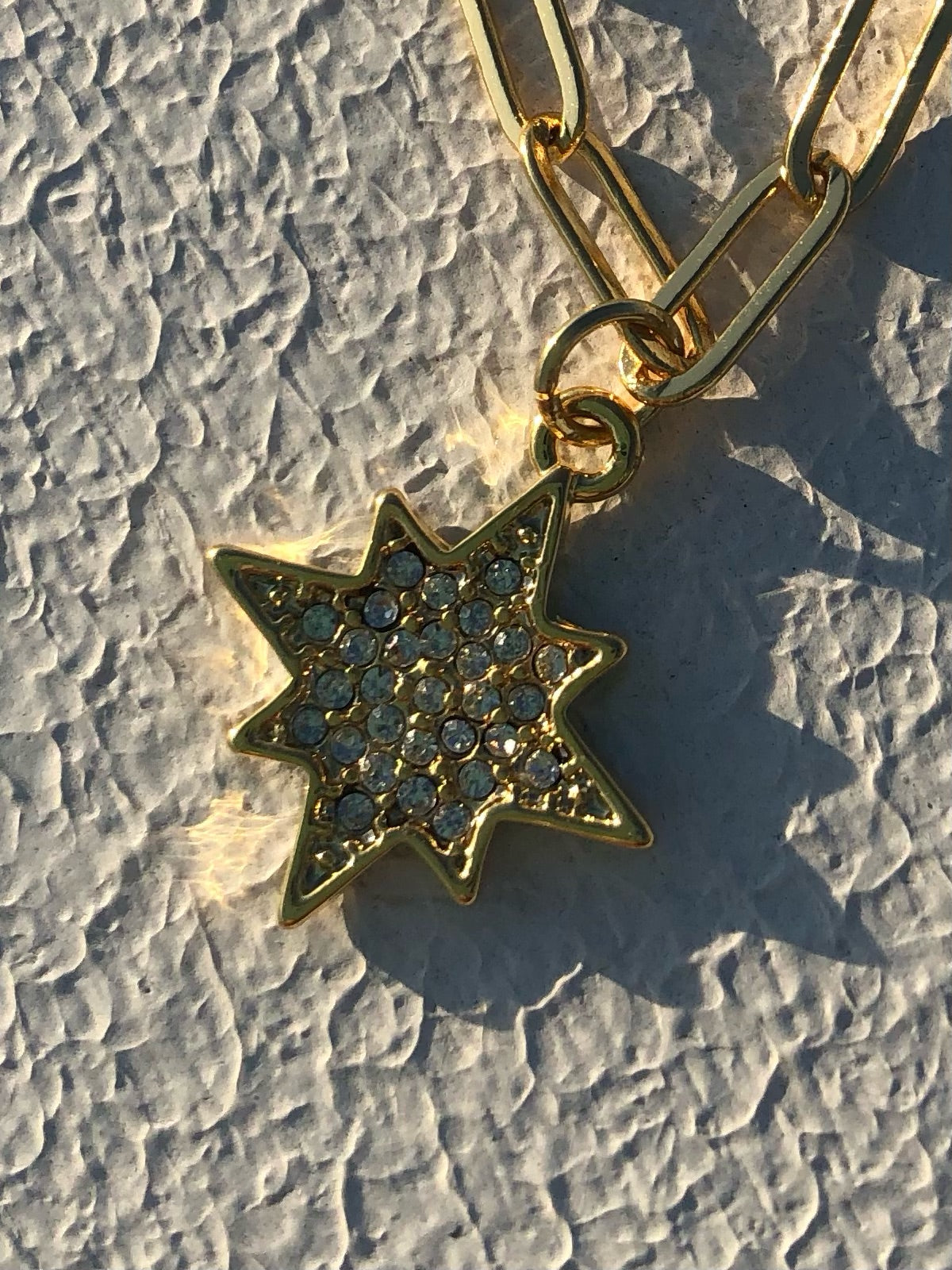 24kt Gold Paperclip Chain, Clear Crystal Morningstar Pendant, Celestial Lobster Claw Clasp