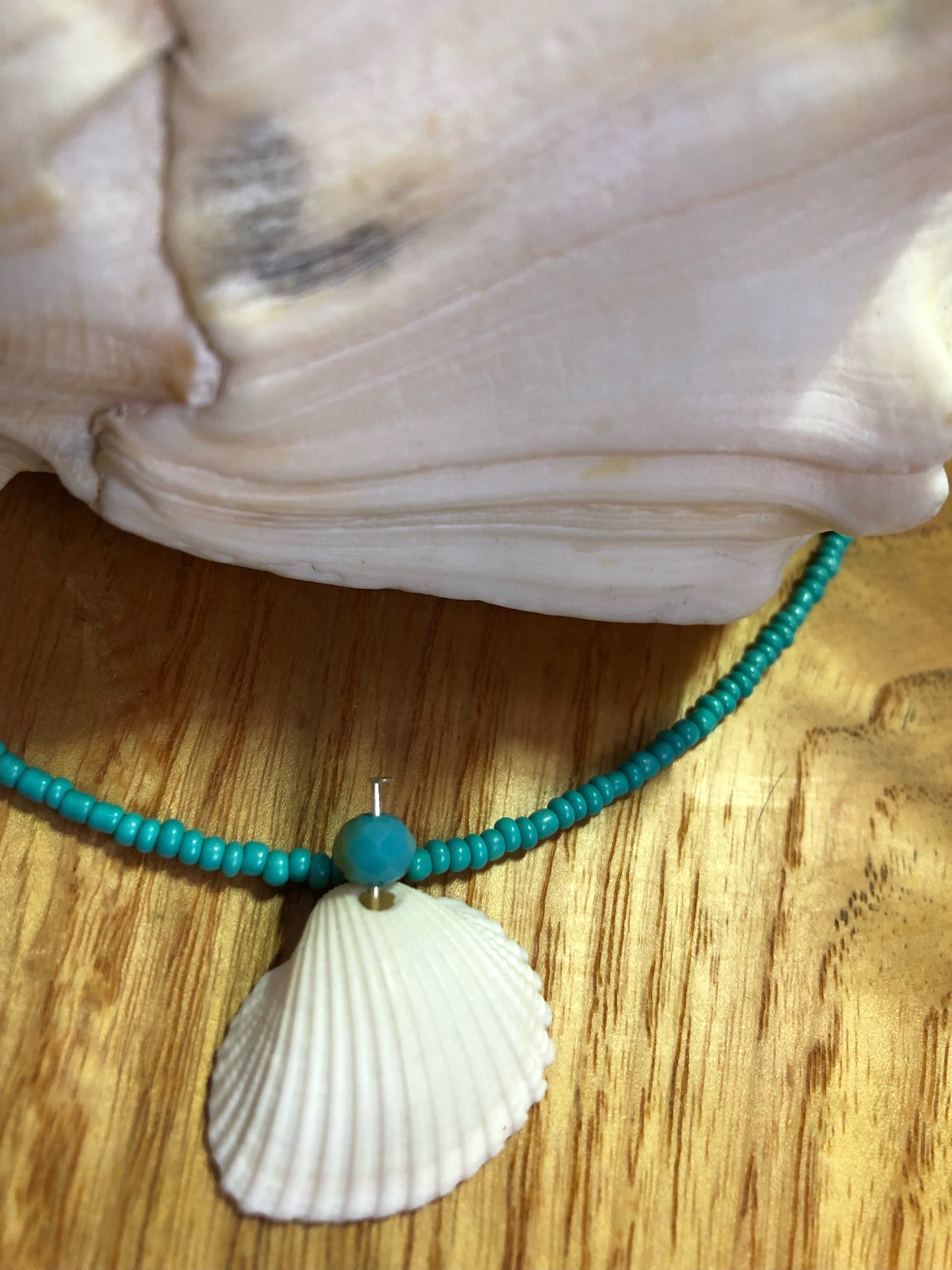 White seashell necklace with turquoise glass beads, and glass seed beads.