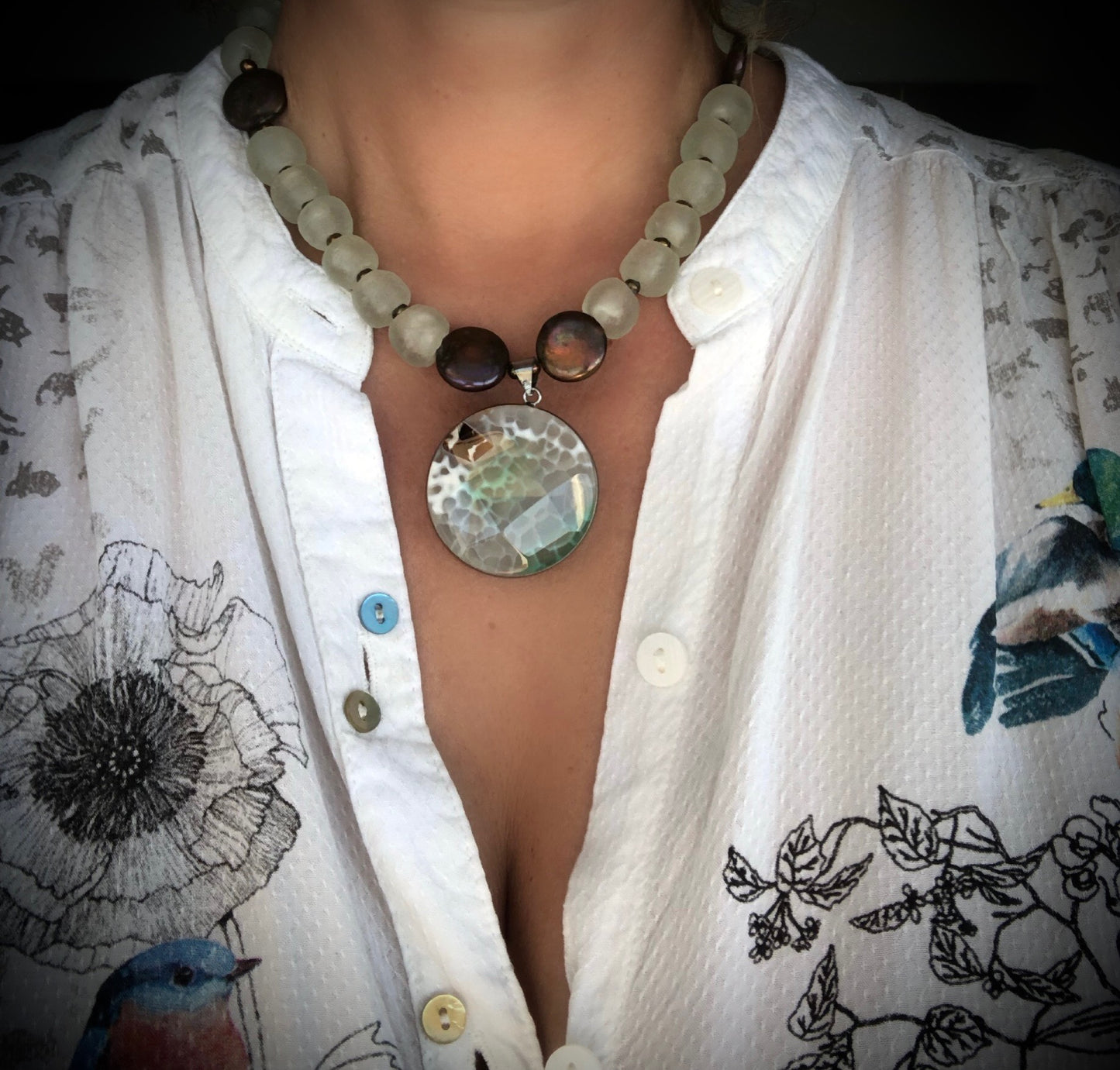 Faceted Fire Agate Pendant w/ Freshwater Coin Pearls & Recycled Glass Beads