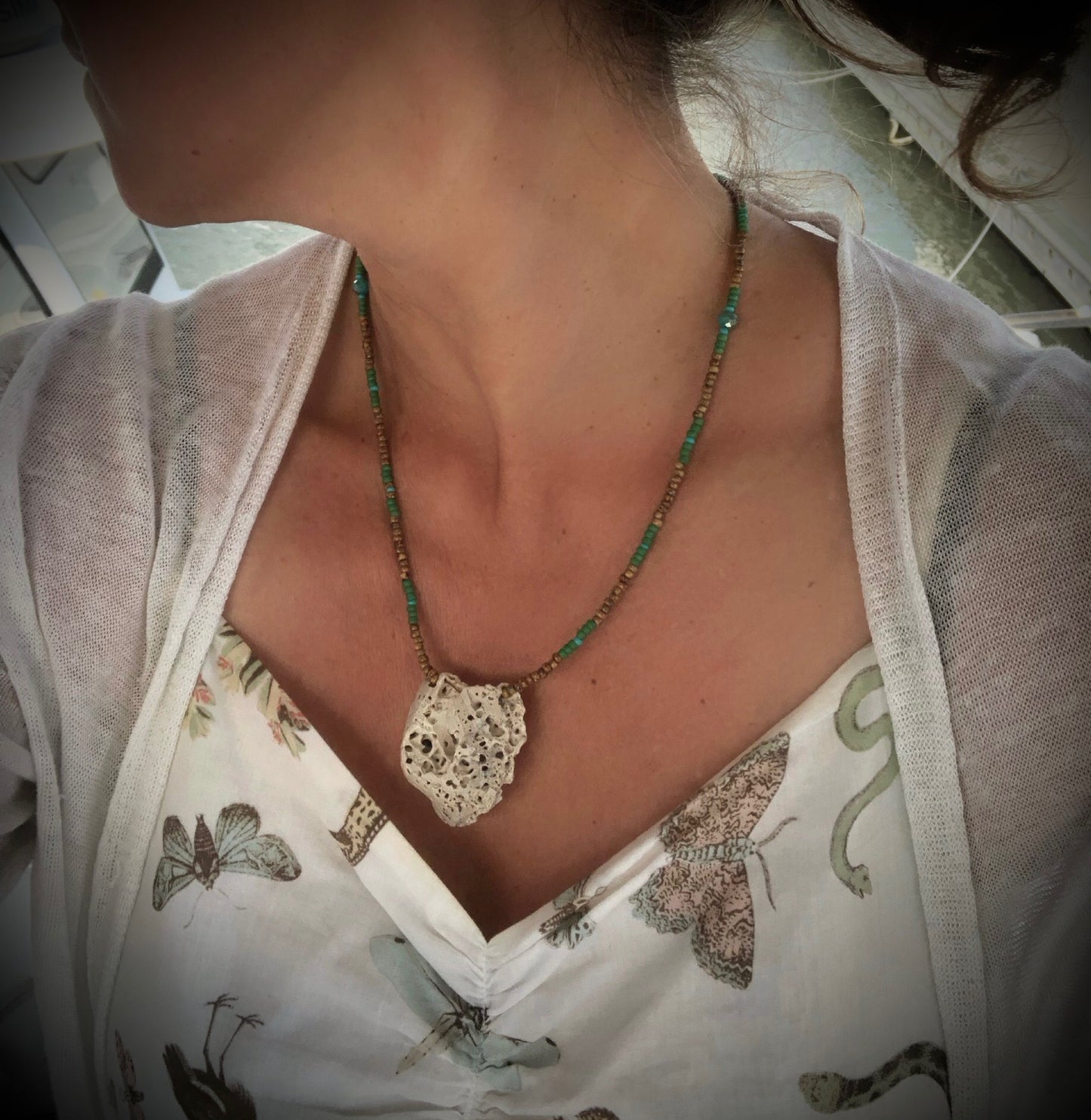 White Coral w/ Sand, Green, & Turquoise Glass Seed Beads