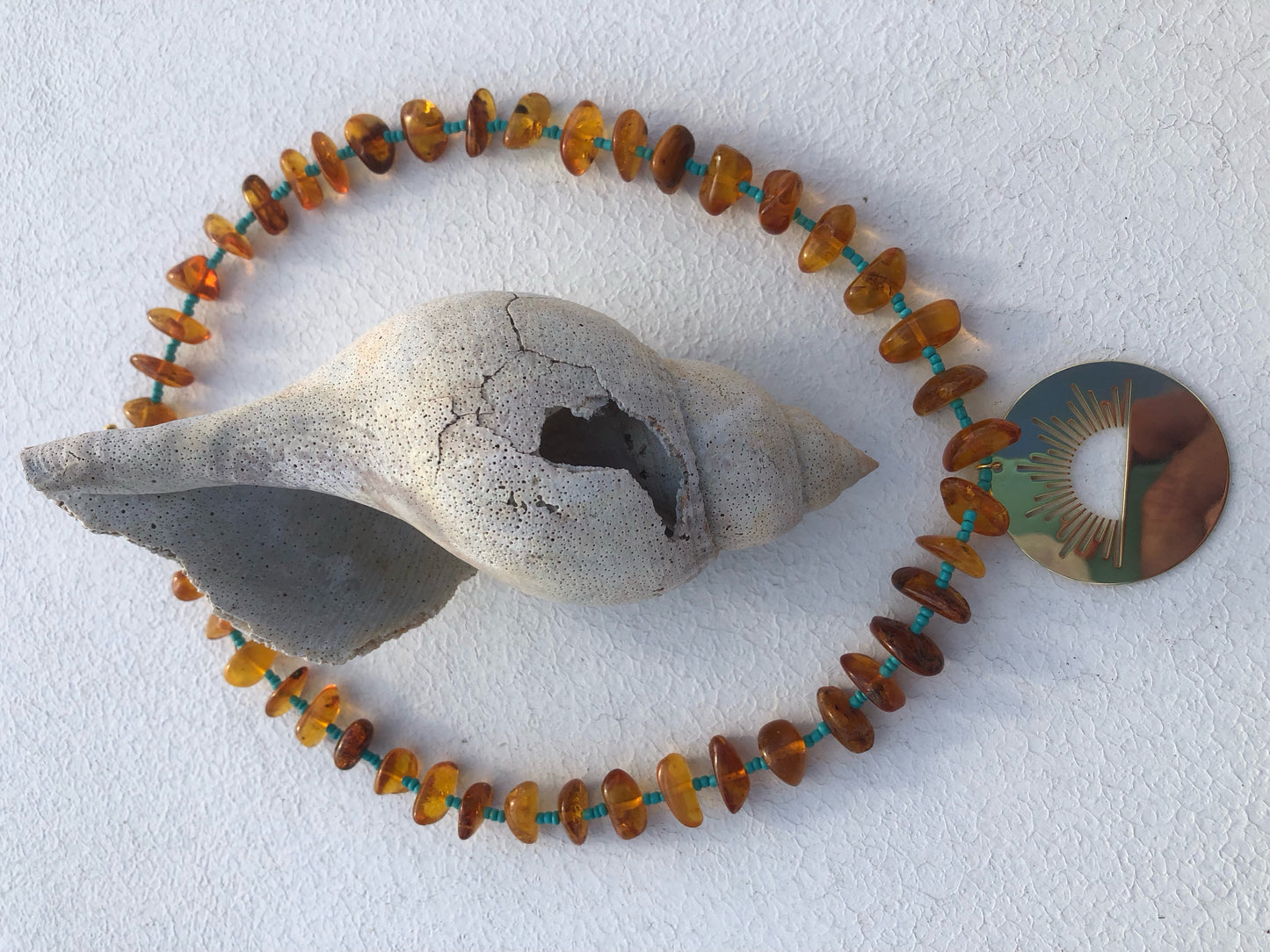 Sunrise Pendant Strung w/ Natural Amber & Turquoise Glass Seed Beads