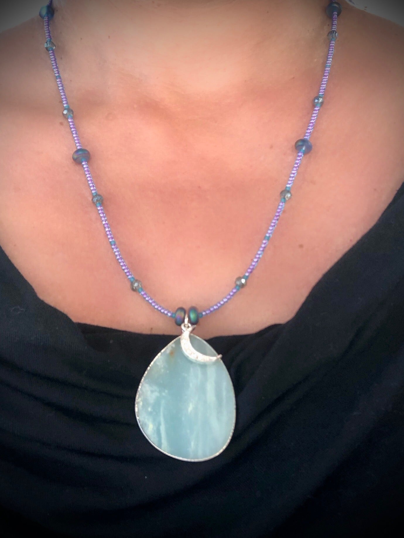 Amazonite Pendant, Clear Crystal New Moon Charm, & Sparkly Glass Seed Beads