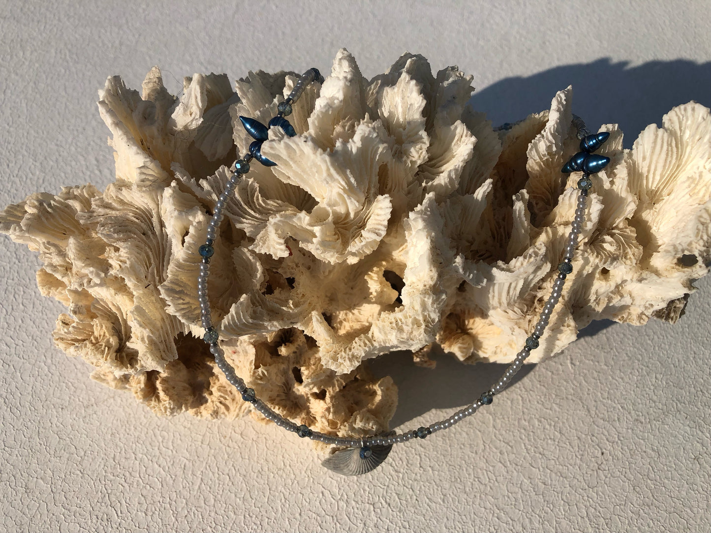 Seashell w/ Blue Freshwater Pearls & Blue Austrian Crystals