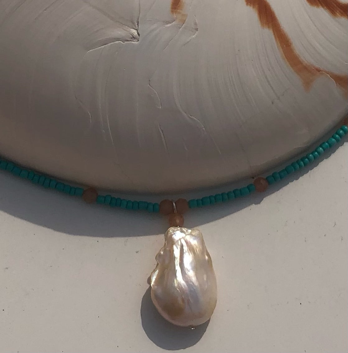 Natural Baroque Pearl, Sunstones, & Turquoise Glass Seed Beads