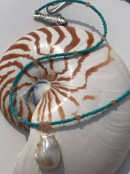 Natural Baroque Pearl, Sunstones, & Turquoise Glass Seed Beads