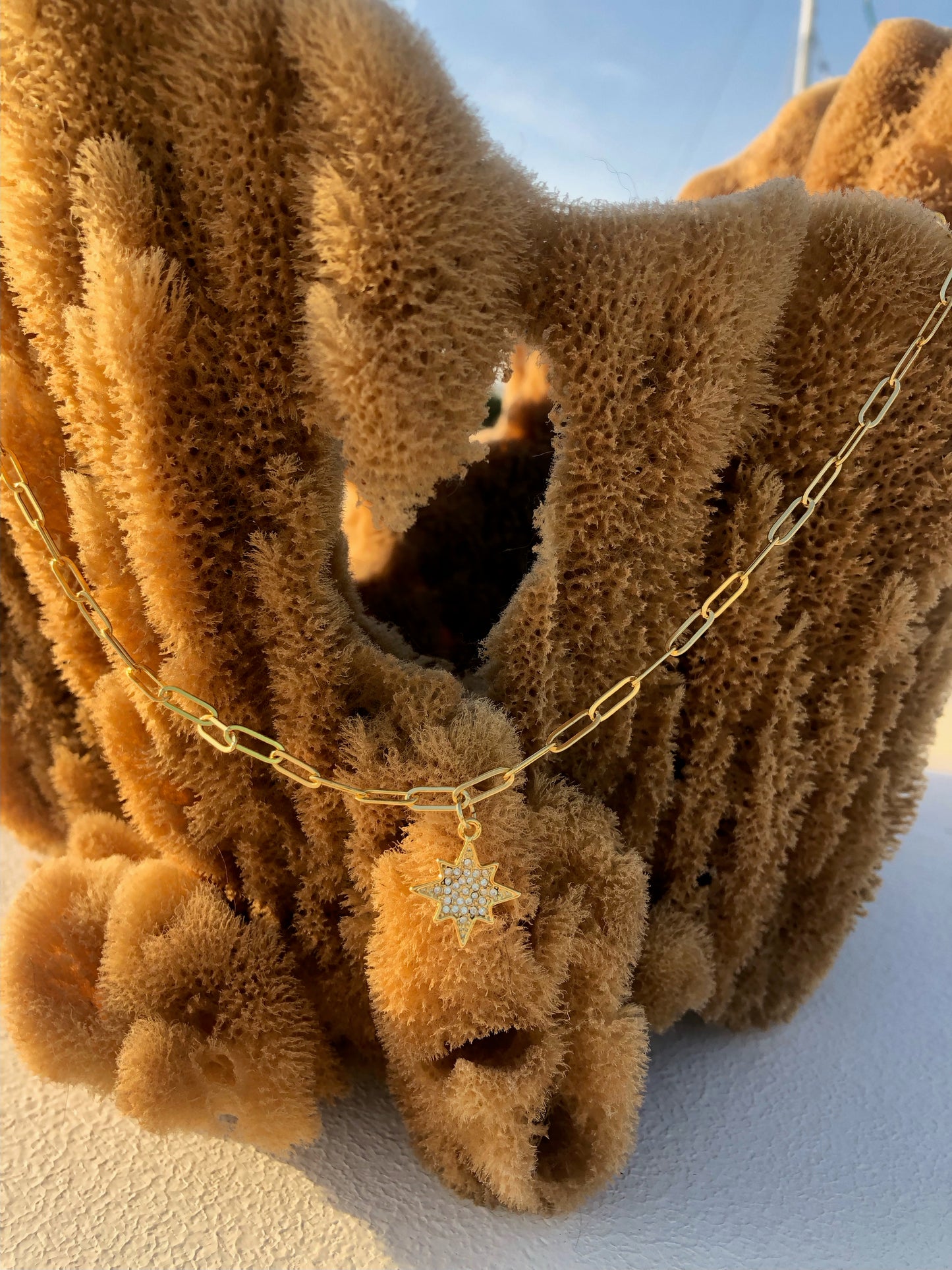 24kt Gold Paperclip Chain, Clear Crystal Morningstar Pendant, Celestial Lobster Claw Clasp