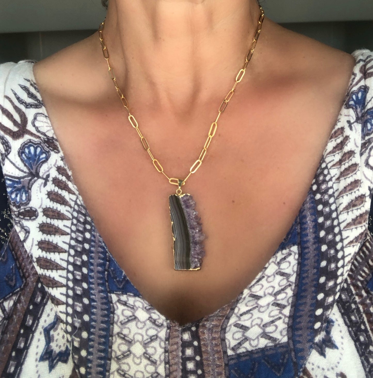 Raw Amethyst Slice Pendant on 24kt Gold Paperclip Chain