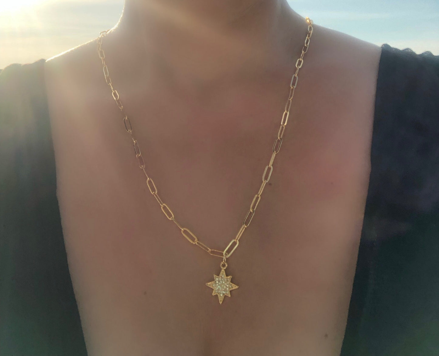 24kt Gold Paperclip Chain, Clear Crystal Morningstar Pendant, Celestial Lobster Claw Clasp
