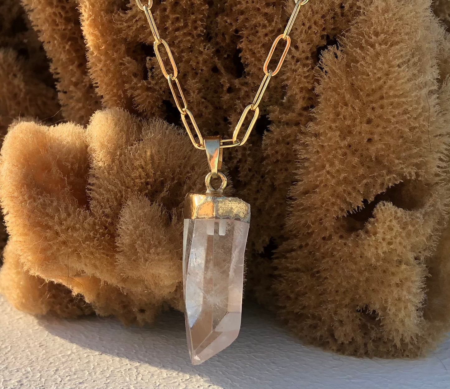 Clear Quartz Point Pendant on 24kt Gold Paperclip Chain