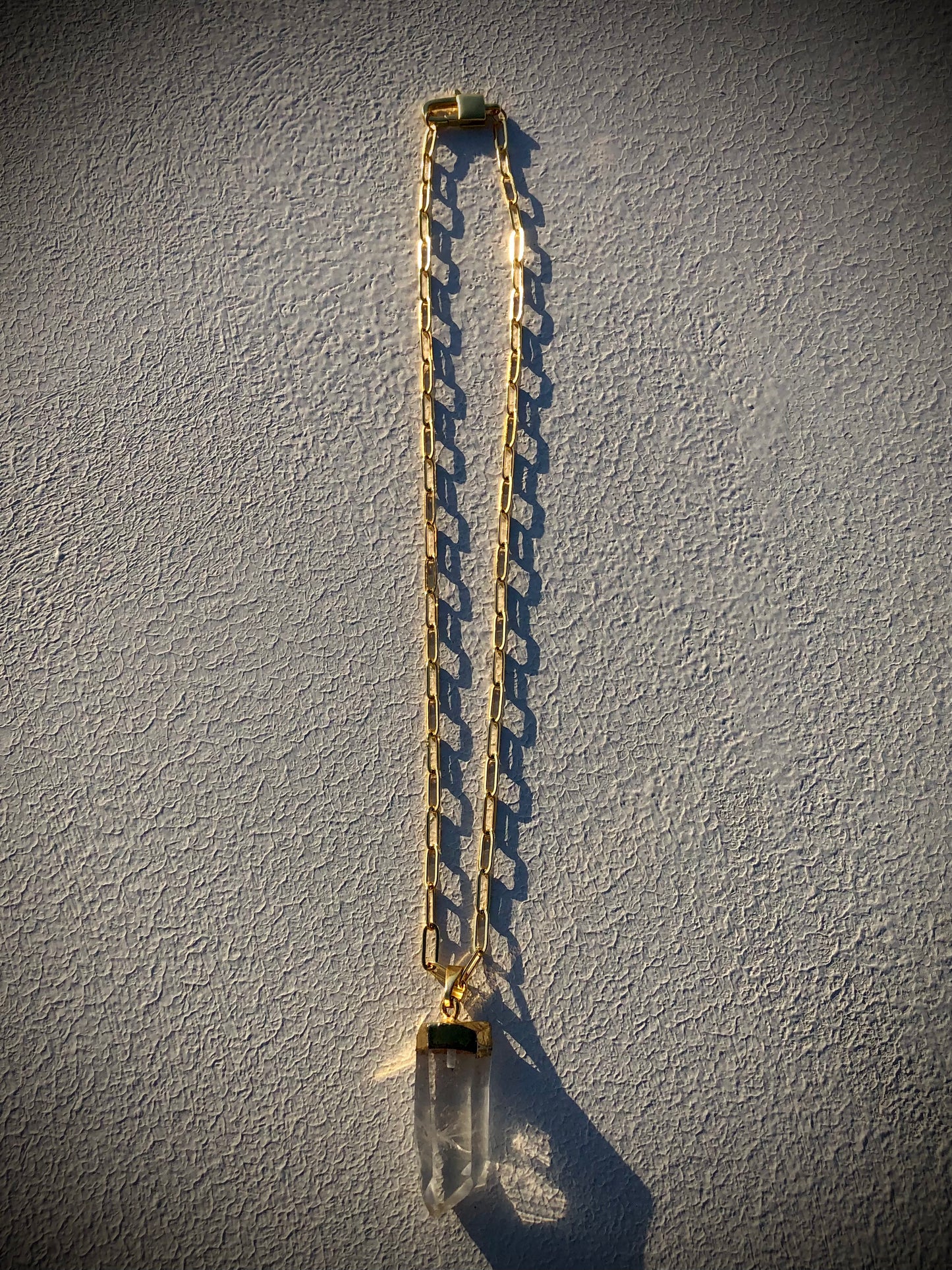 Clear Quartz Point Pendant on 24kt Gold Paperclip Chain