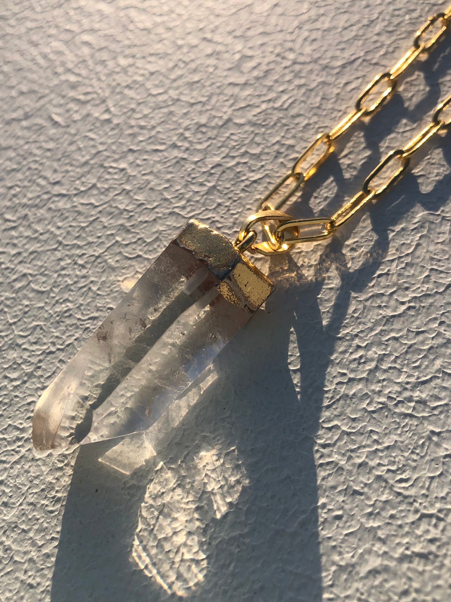 Clear Quartz Point Pendant on 24kt Gold Paperclip Chain