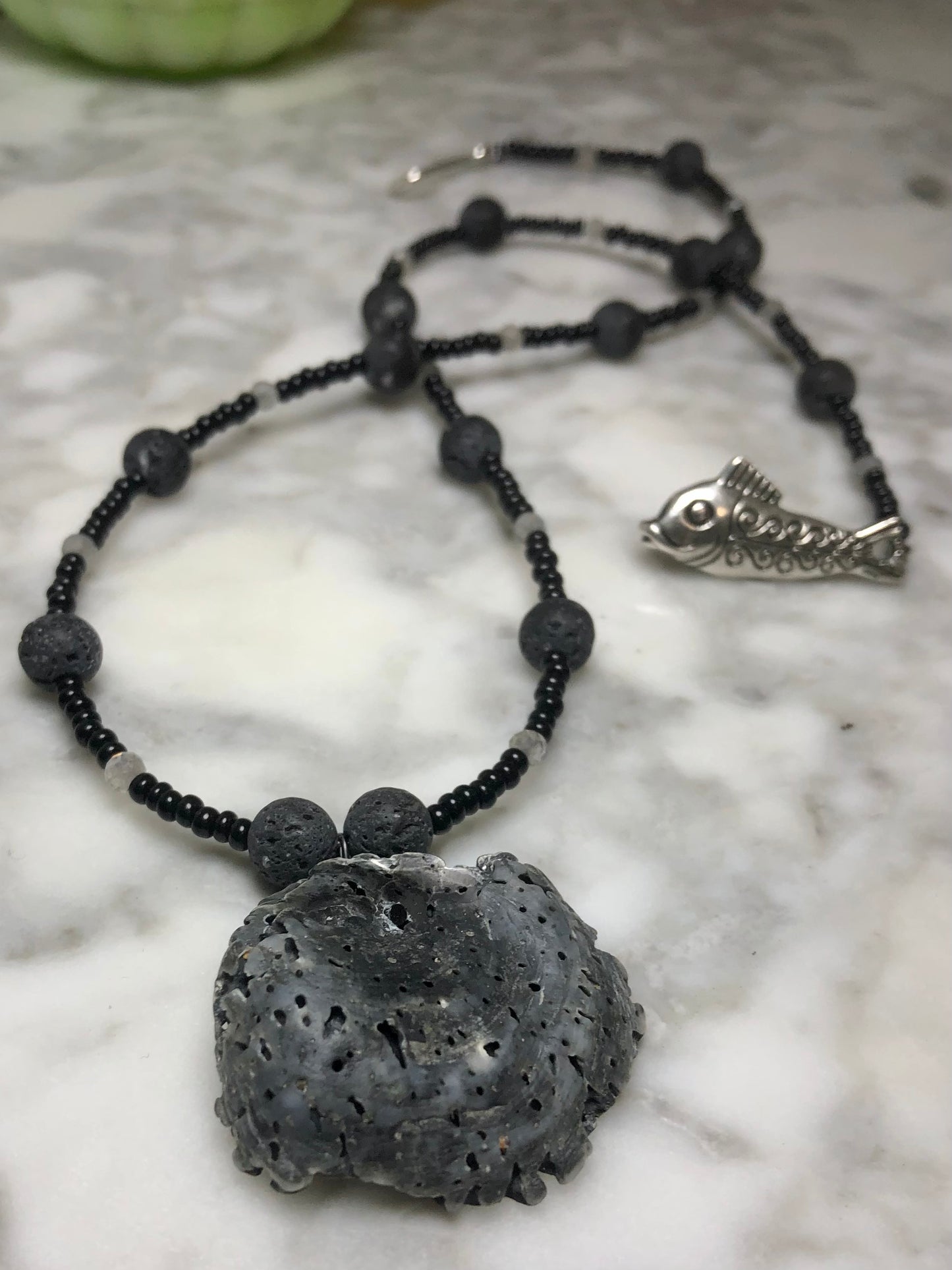 Weathered Sea Shell Strung With Lava & Labradorite Beads