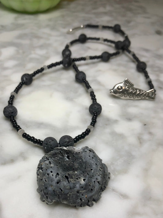 Weathered Sea Shell Strung With Lava & Labradorite Beads