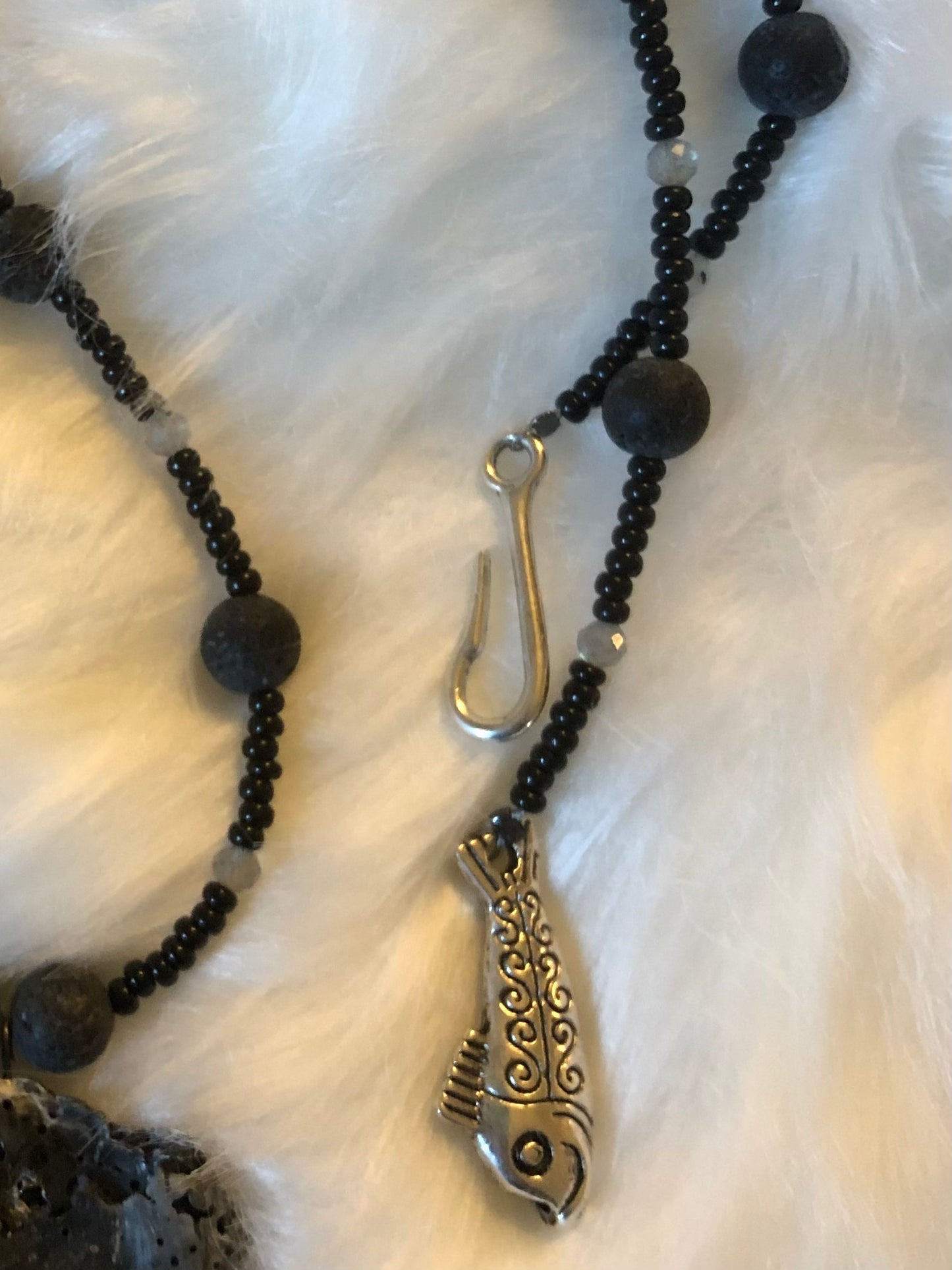 Weathered Sea Shell Strung With Lava & Labradorite Beads
