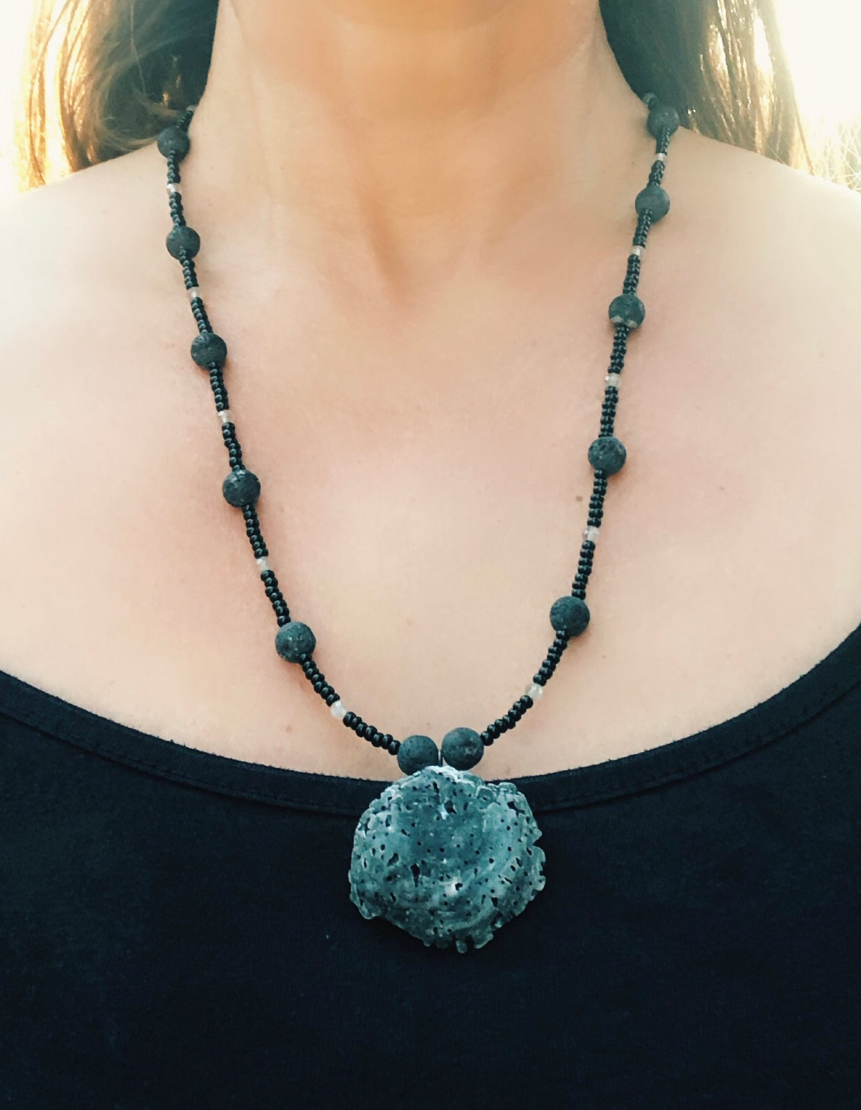 Weathered Sea Shell Strung With Lava & Labradorite Beads