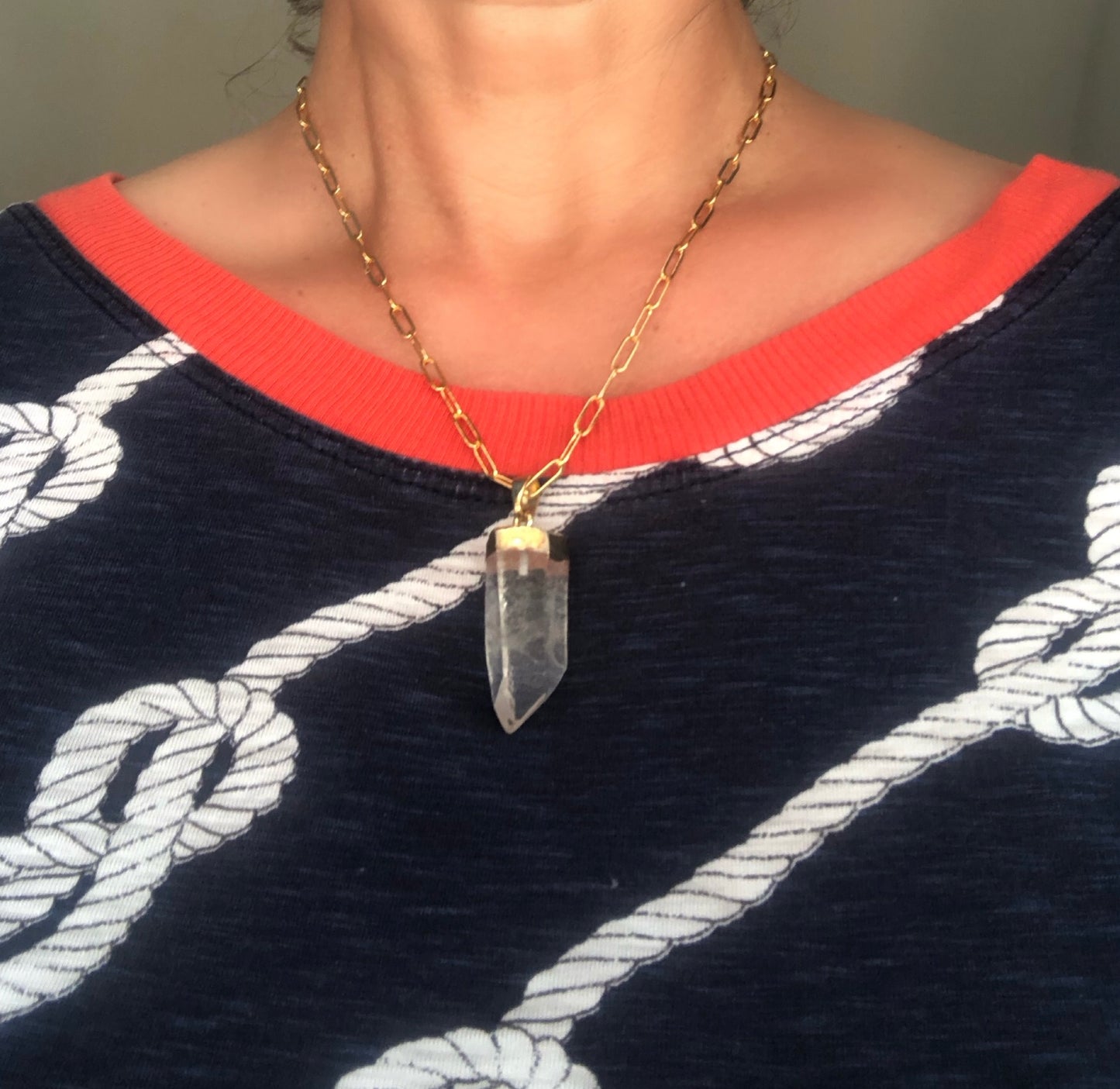 Clear Quartz Point Pendant on 24kt Gold Paperclip Chain