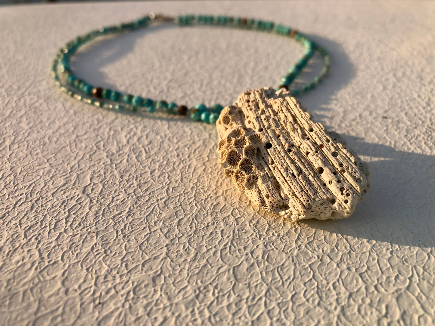 White Coral/Shell Necklace with Double Strand Faceted Turquoise & Grandidierite