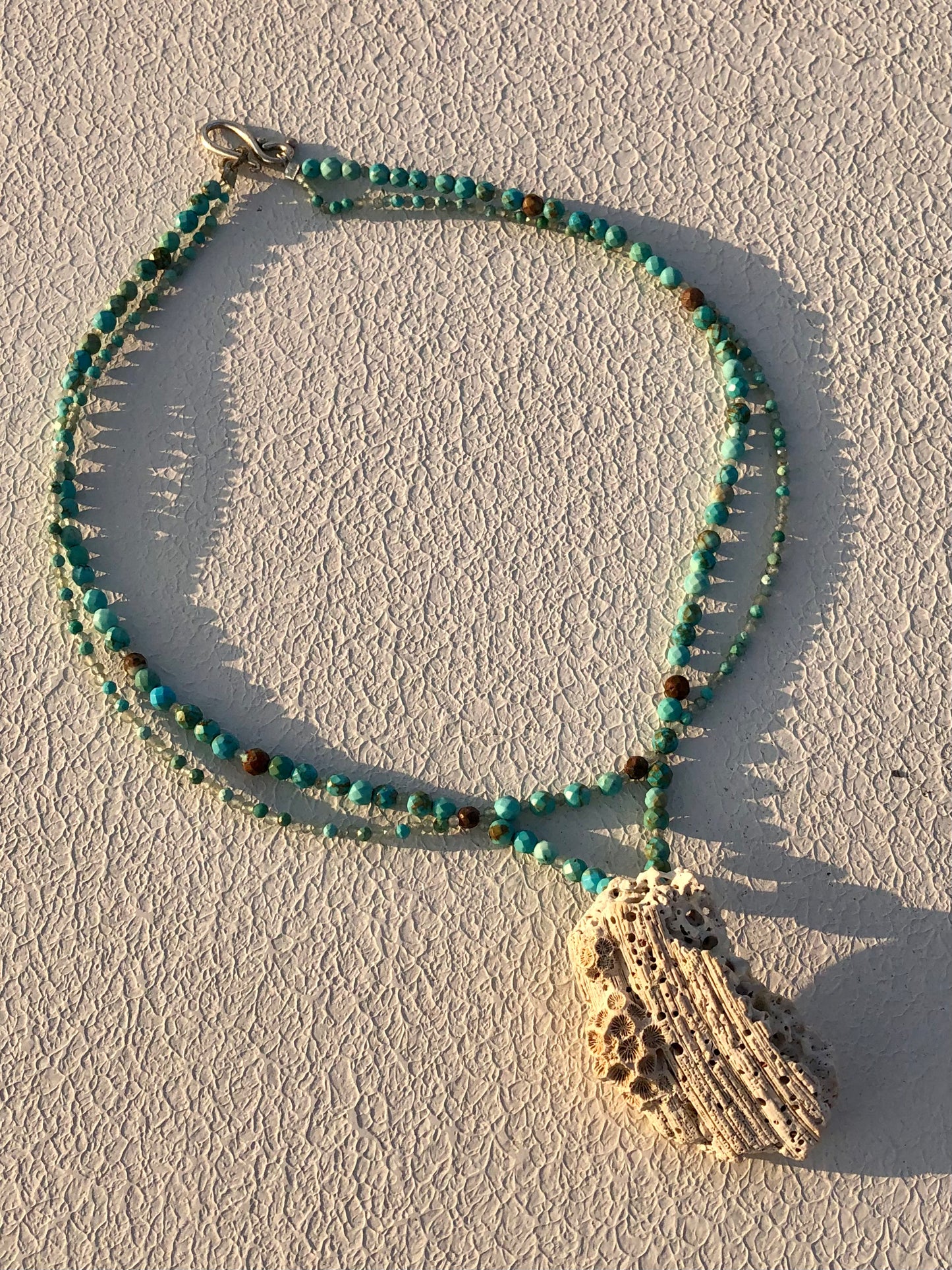 White Coral/Shell Necklace with Double Strand Faceted Turquoise & Grandidierite