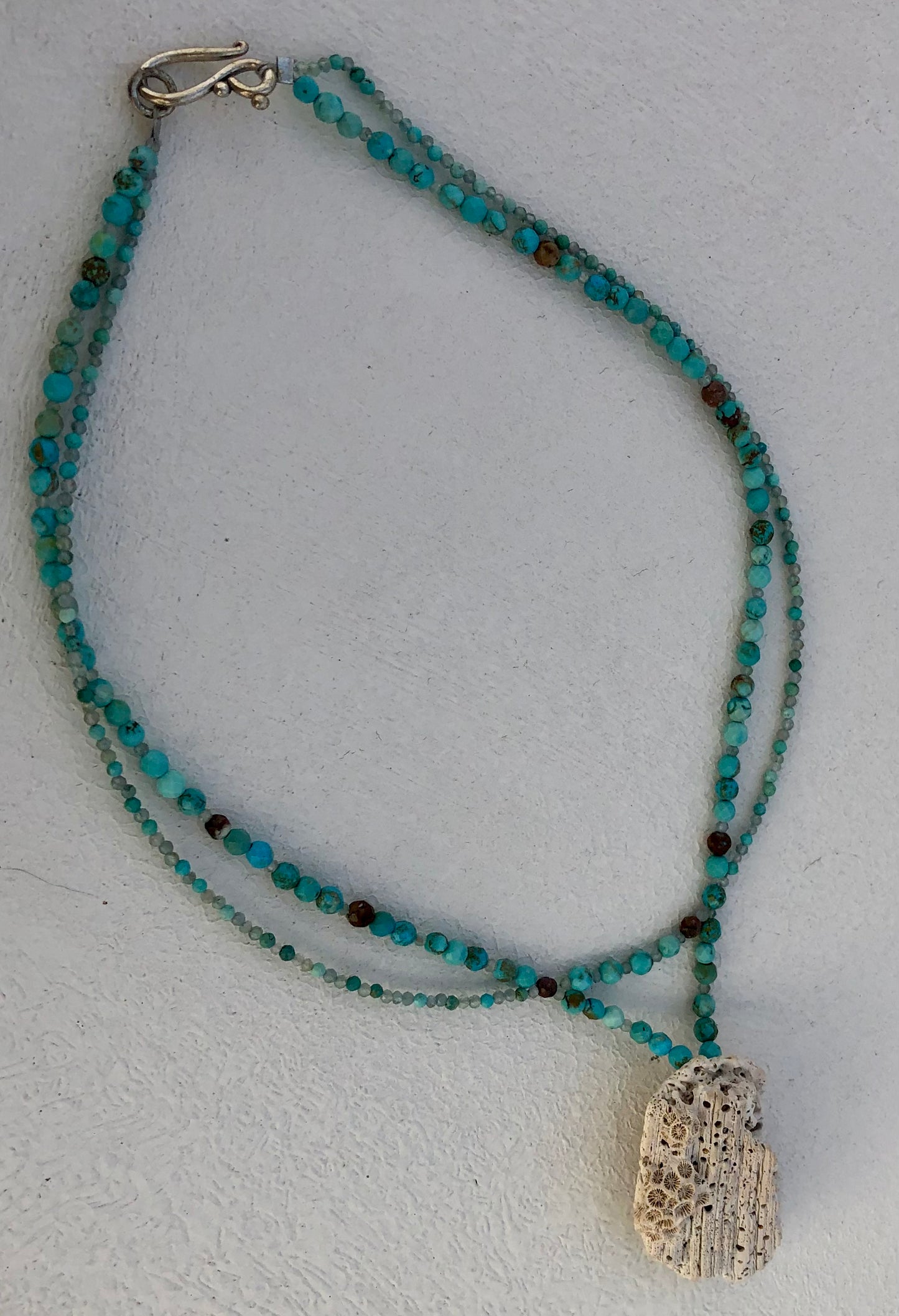 White Coral/Shell Necklace with Double Strand Faceted Turquoise & Grandidierite