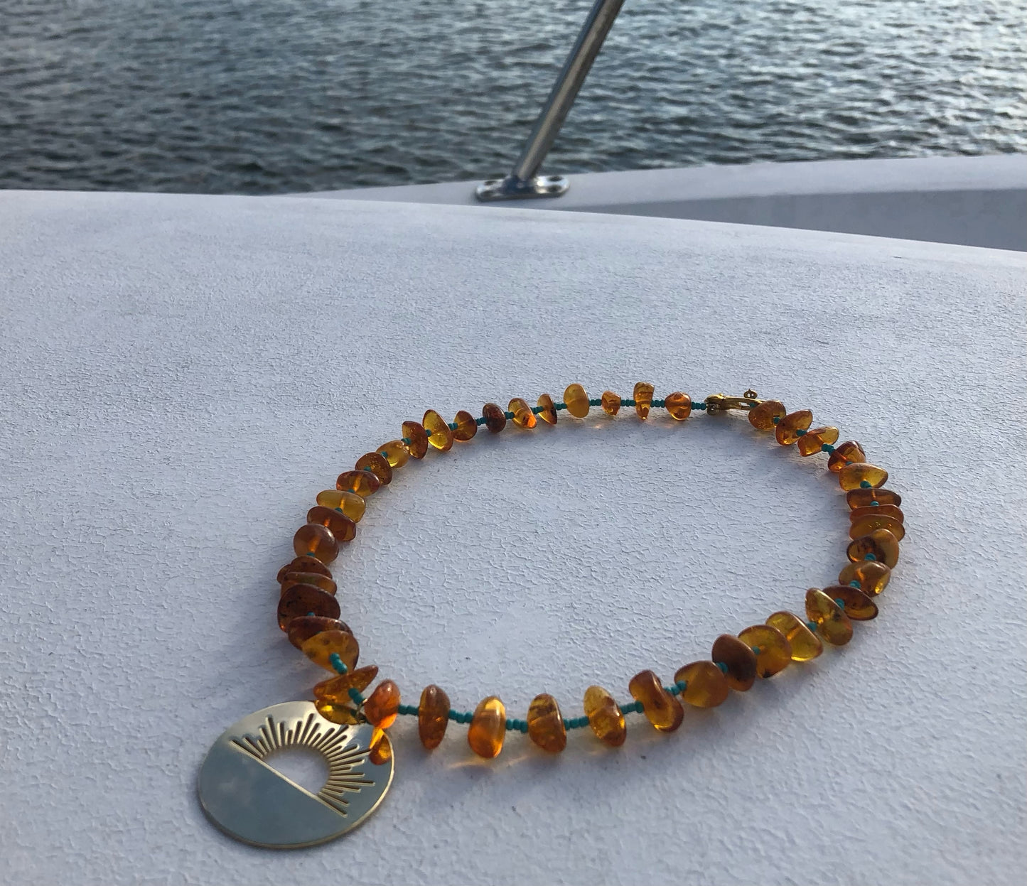 Sunrise Pendant Strung w/ Natural Amber & Turquoise Glass Seed Beads