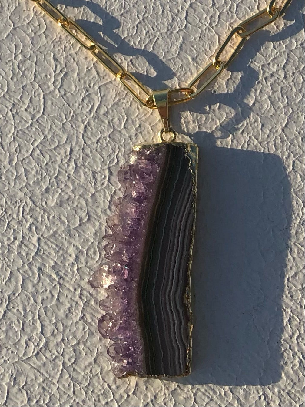 Raw Amethyst Slice Pendant on 24kt Gold Paperclip Chain