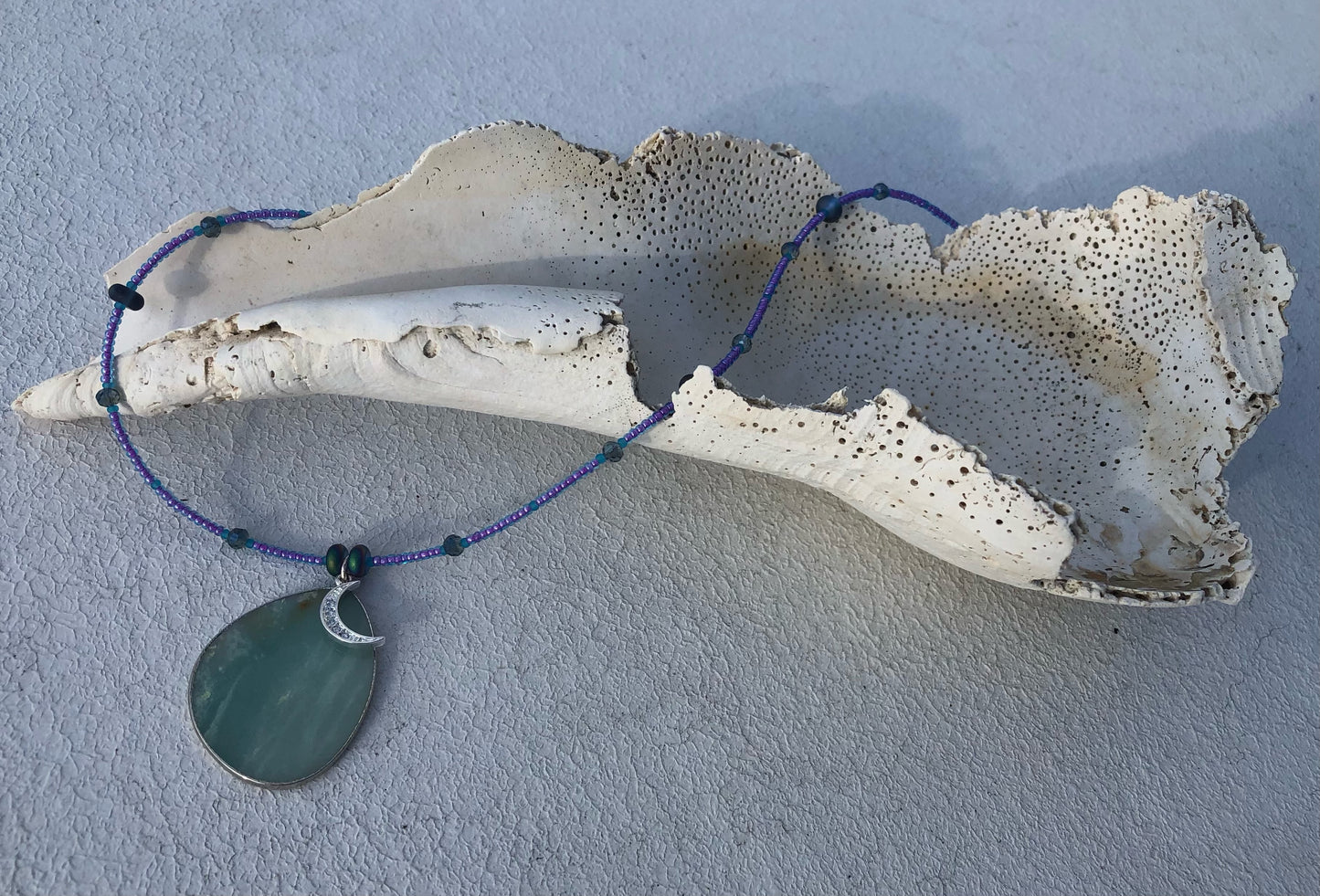 Amazonite Pendant, Clear Crystal New Moon Charm, & Sparkly Glass Seed Beads