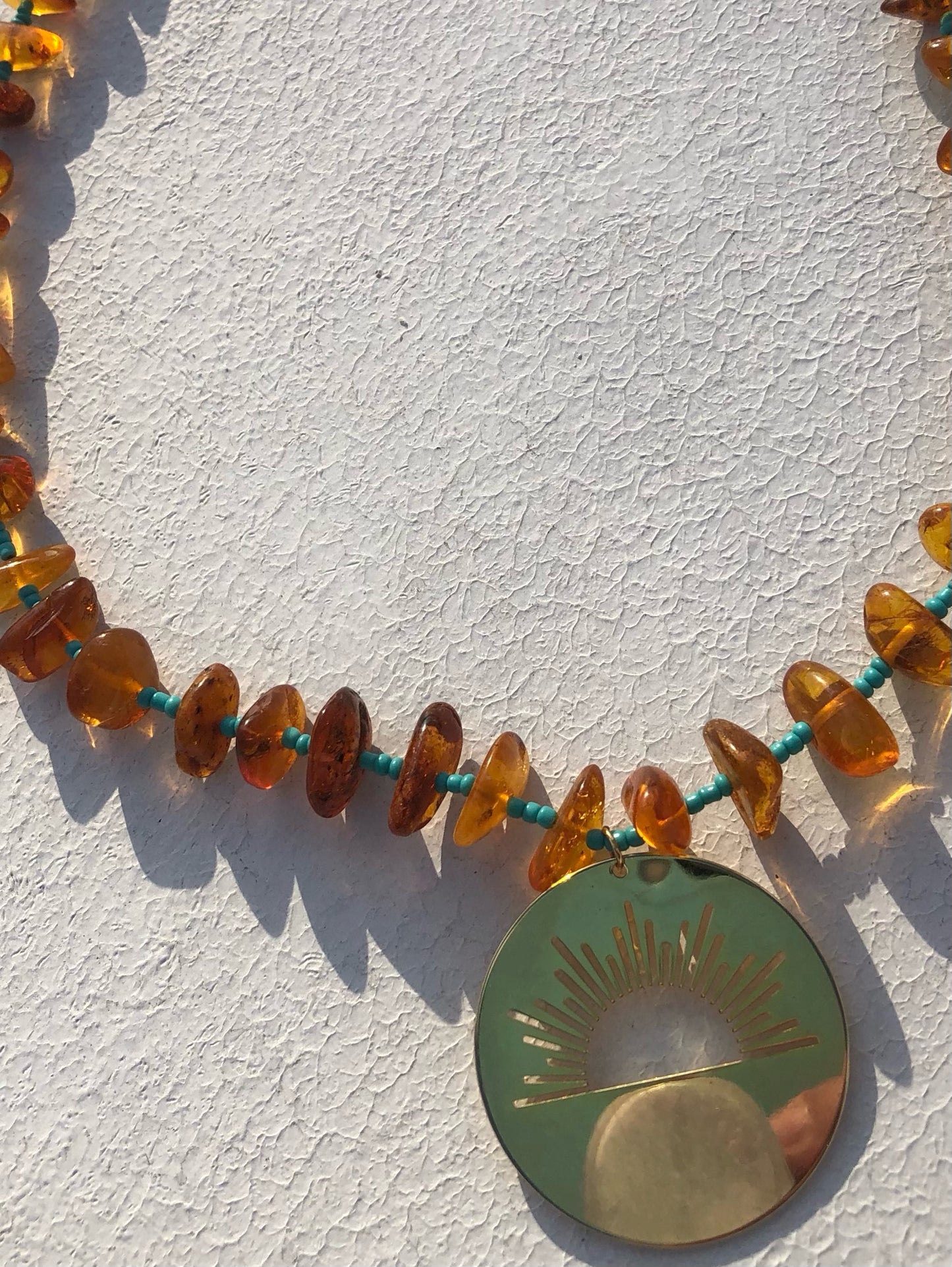 Sunrise Pendant Strung w/ Natural Amber & Turquoise Glass Seed Beads