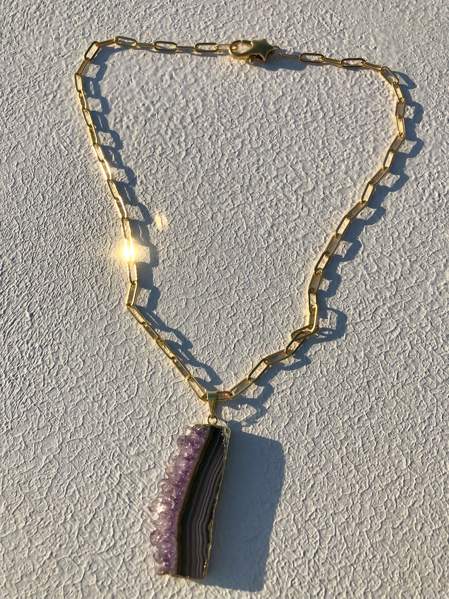 Raw Amethyst Slice Pendant on 24kt Gold Paperclip Chain