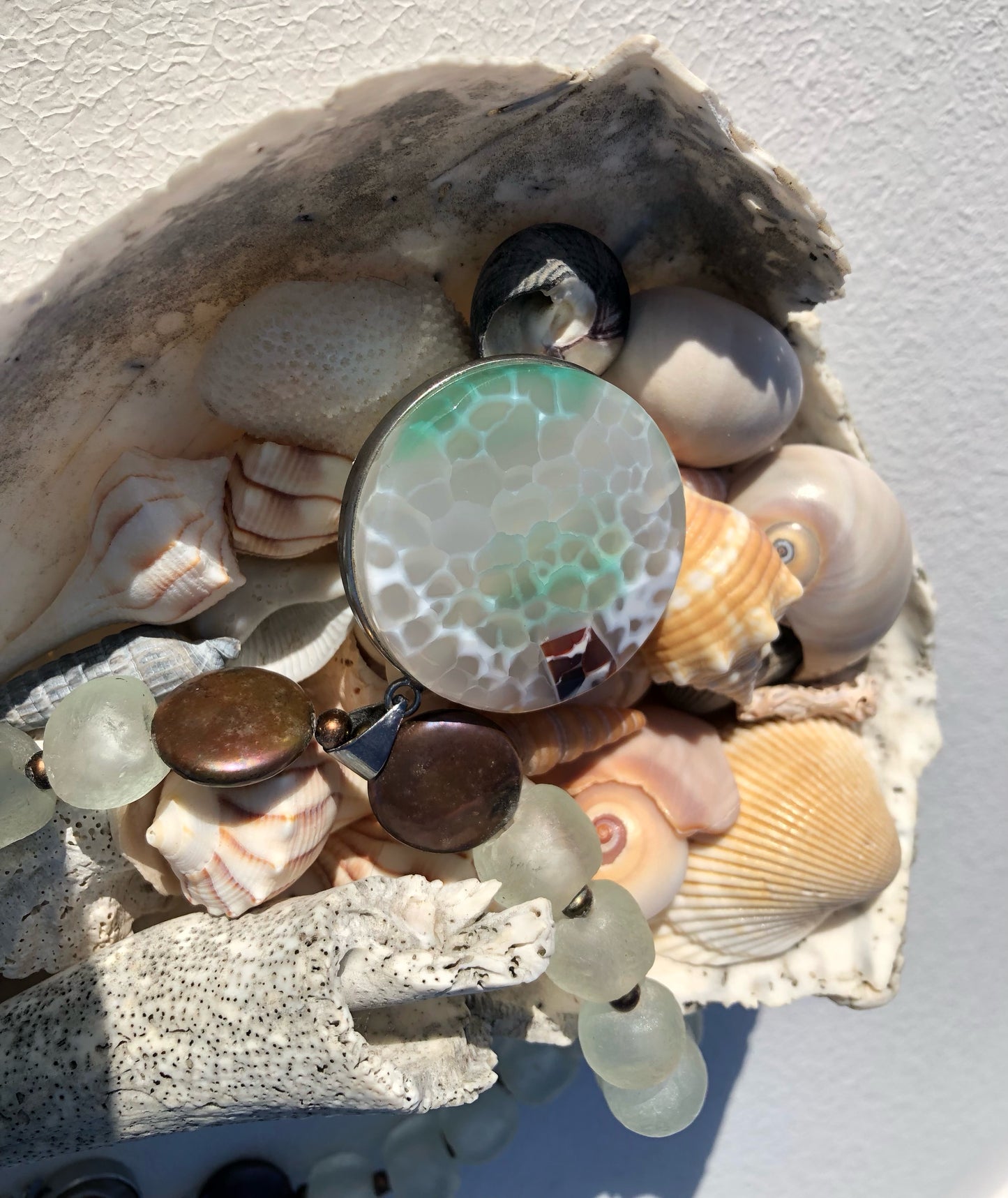 Faceted Fire Agate Pendant w/ Freshwater Coin Pearls & Recycled Glass Beads