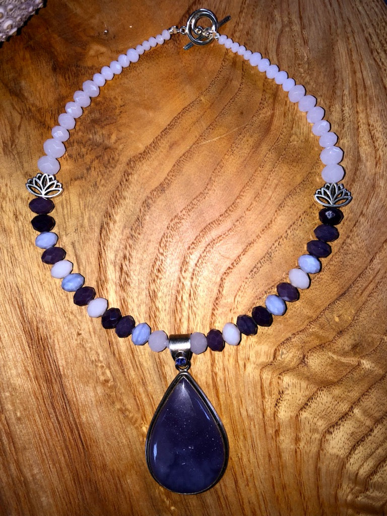Deep purple chalcedony & iolite pendant/necklace set in sterling silver with purple glass beads.