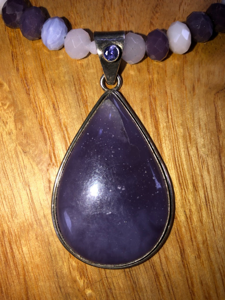 Deep purple chalcedony & iolite pendant/necklace set in sterling silver with purple glass beads.