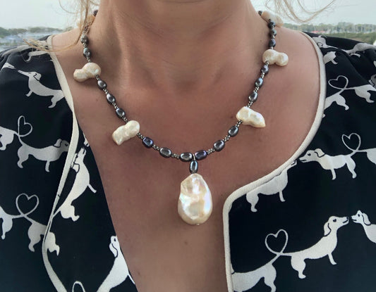 Baroque Natural Pearl, Double Baroque Pearls, & Peacock Freshwater Rice Pearl Necklace