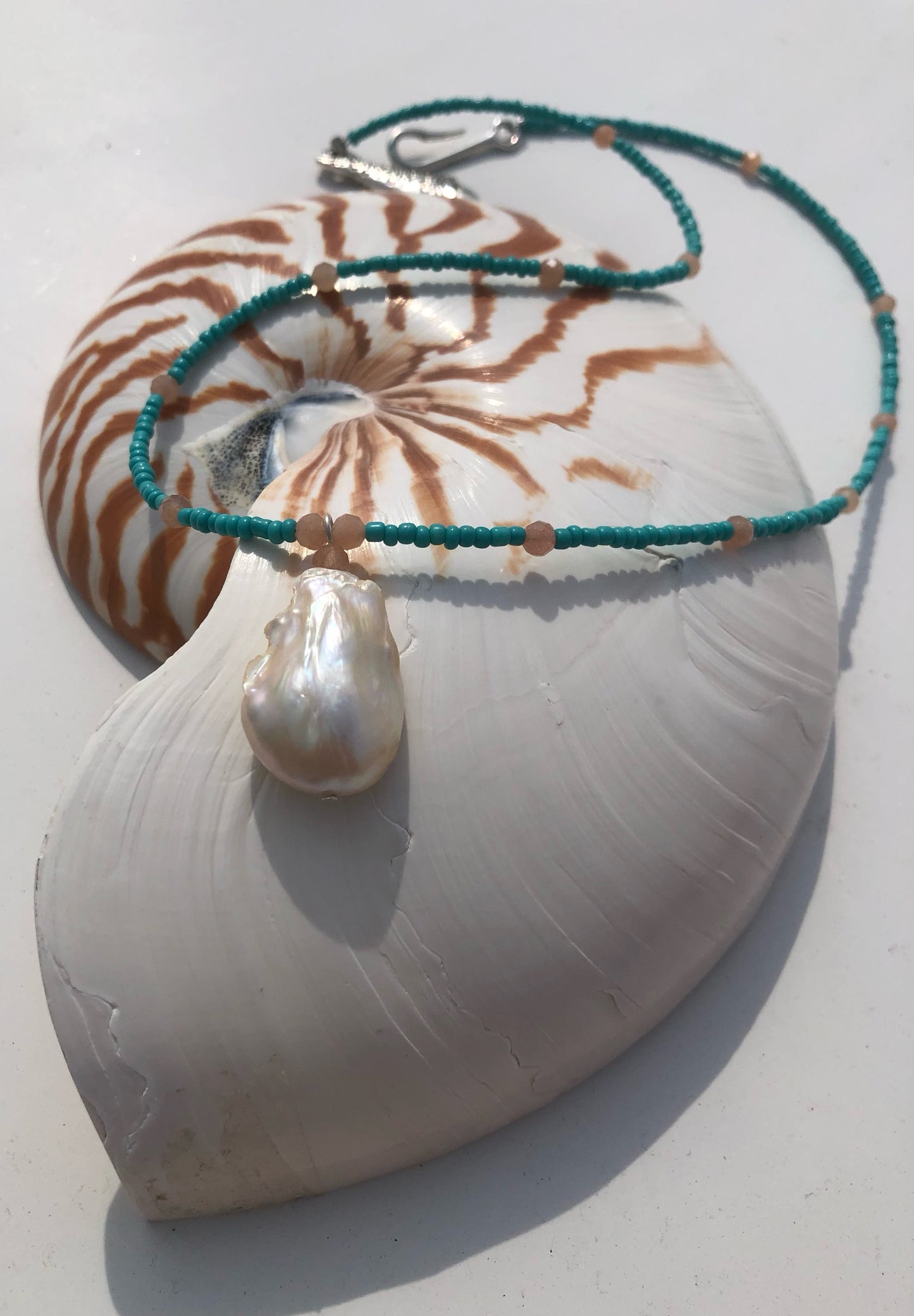 Natural Baroque Pearl, Sunstones, & Turquoise Glass Seed Beads